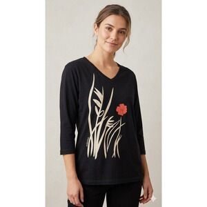 Marushka Hand Printed Black V-Neck 3/4 Sleeve Poppy Floral Graphic Top Womens XL